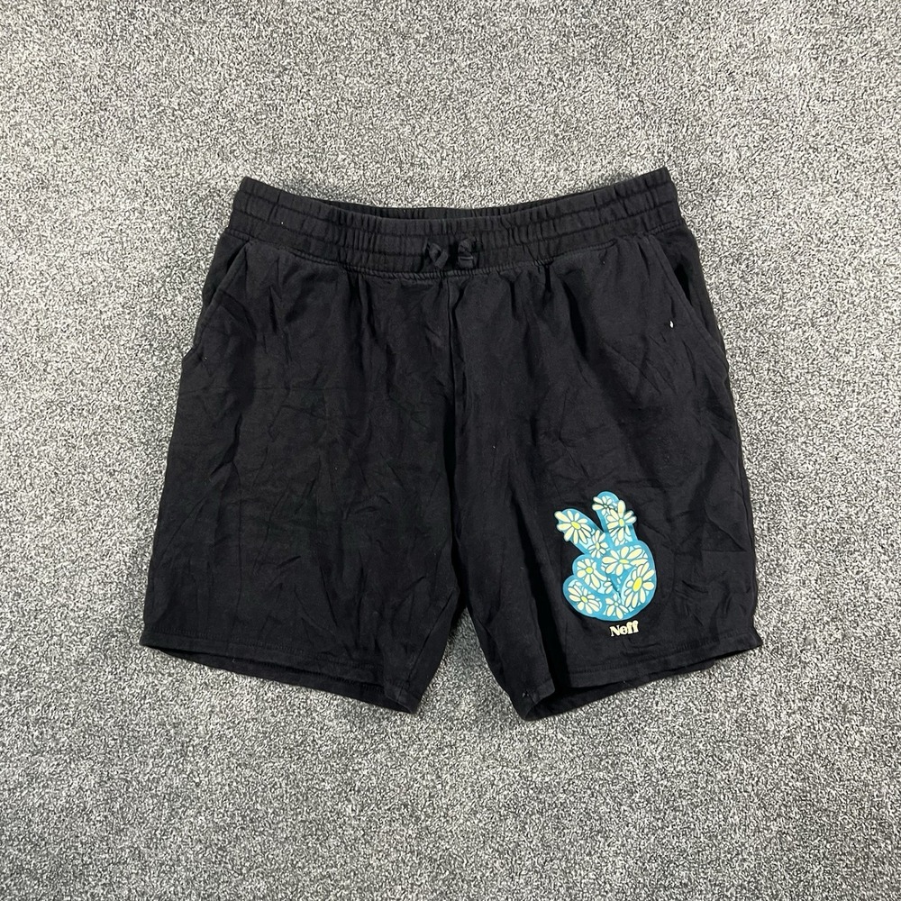 Neff Mens Large Sweat Shorts Black Floral Peace Hand Graphic Drawstring